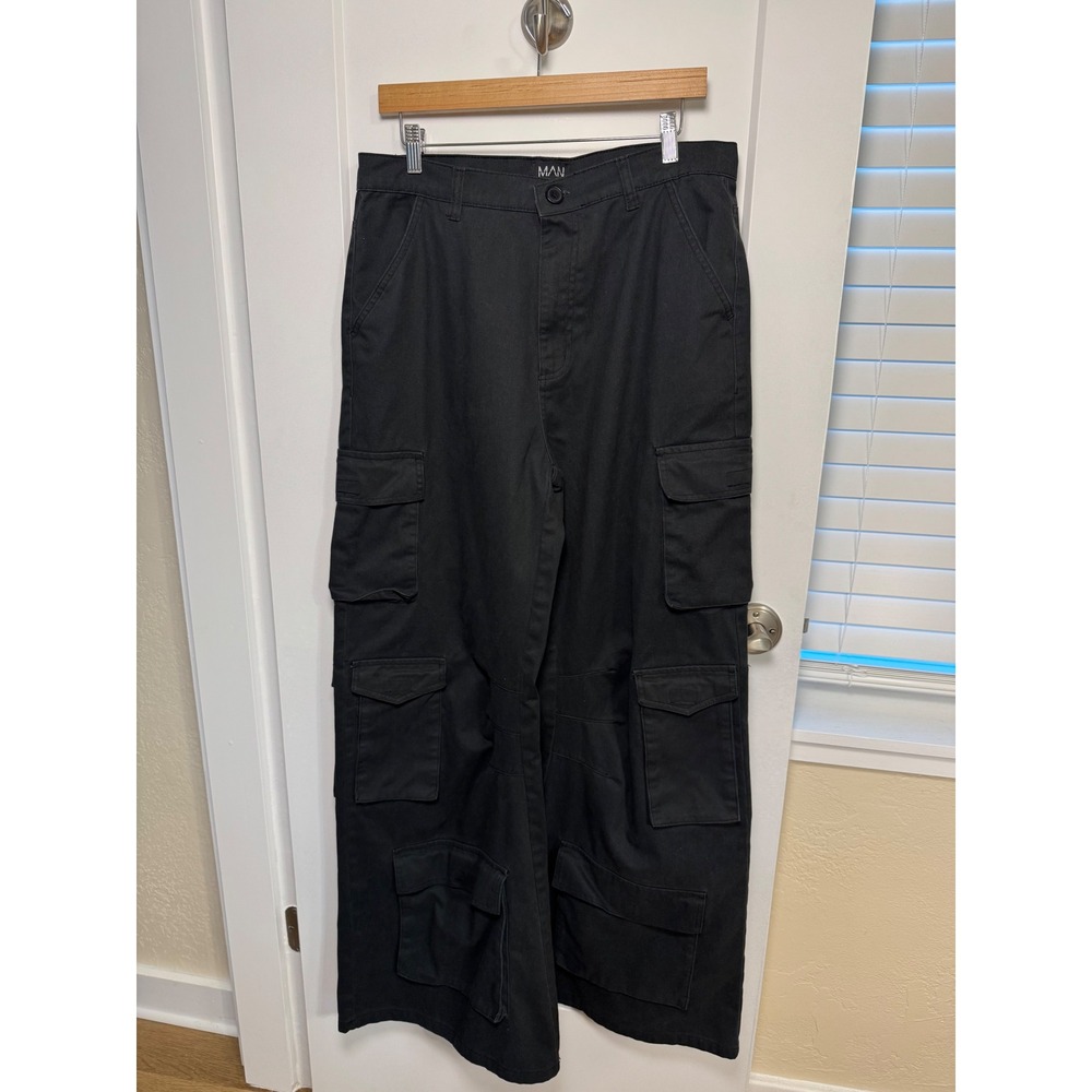 BoohooMAN Mens Black Multi Pocket Wide Leg Cargo Pants Streetwear Acubi 32x33